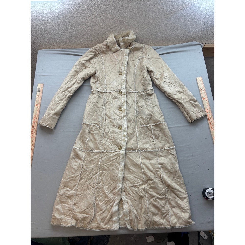 Body Central Womens Faux Suede Fur Lined Long Trench Coat Cream Maxi Jacket M